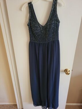 David's Bridal Navy Beaded V-Neck Maxi Gown